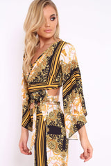 Scarf Print Wrap Tie Crop Blouse - Kay-Tops