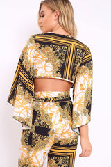 Scarf Print Wrap Tie Crop Blouse - Kay-Tops