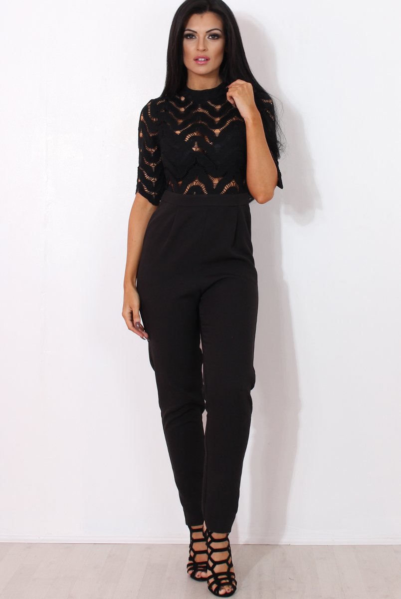 Sergin Black Lace High Neck Jumpsuit-Jumpsuits