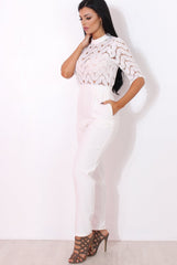 Sergin White Lace High Neck Jumpsuit-Jumpsuits