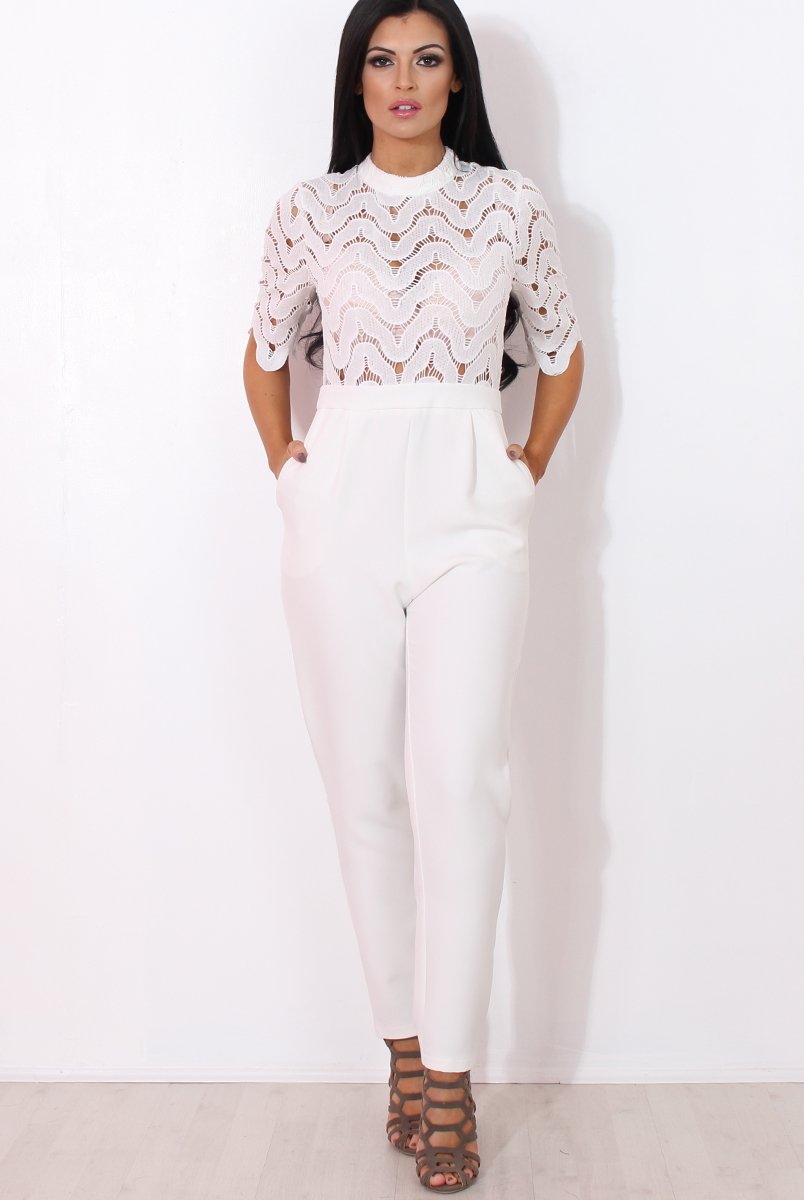 Sergin White Lace High Neck Jumpsuit-Jumpsuits