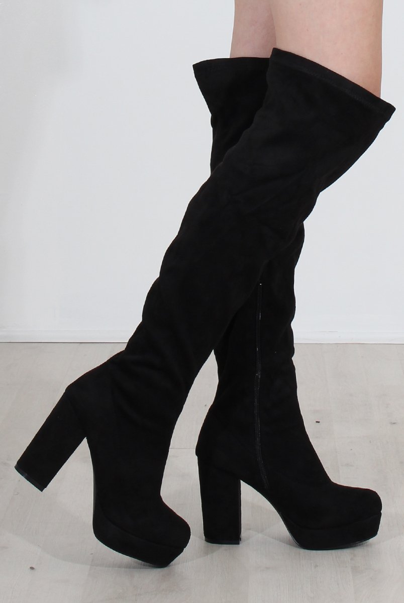 Shaia Black Suede Over The Knee Boots-Boots