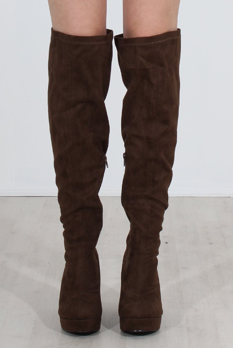 Shaia Khaki Suede Over The Knee Boots-Boots