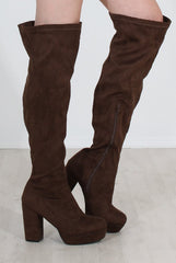 Shaia Khaki Suede Over The Knee Boots-Boots