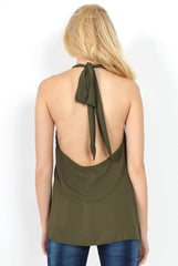 Sharon Khaki Backless Halterneck Top-Tops