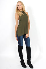 Sharon Khaki Backless Halterneck Top-Tops