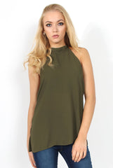 Sharon Khaki Backless Halterneck Top-Tops