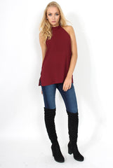 Sharon Wine Backless Halterneck Top-Tops