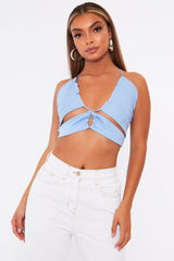 Shirred Detailing Blue Cut Out Crop Top - Lanai-Tops