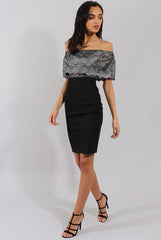 Silver And Black Lace Frill Bardot Bodycon Dress - Cora-Dresses