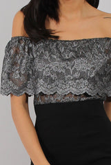 Silver And Black Lace Frill Bardot Bodycon Dress - Cora-Dresses