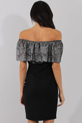 Silver And Black Lace Frill Bardot Bodycon Dress - Cora-Dresses