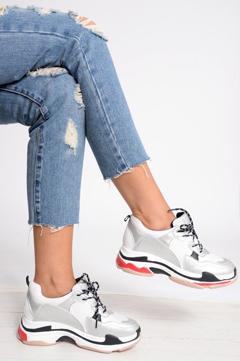 Silver And White Chunky Lace Up Trainers - Thea-Trainers