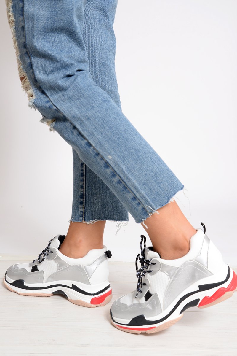 Silver And White Chunky Lace Up Trainers - Thea-Trainers