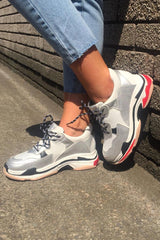 Silver And White Chunky Lace Up Trainers - Thea-Trainers