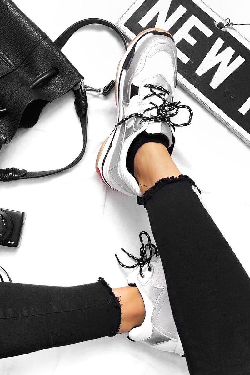 Silver And White Chunky Lace Up Trainers - Thea-Trainers