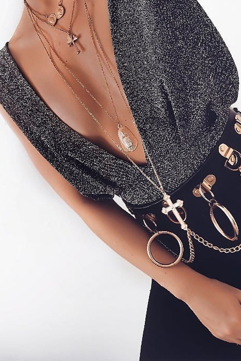 Silver Black Plunge Cross Back Bodysuit - Jolina-Bodysuits