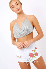 Silver Chain Halter Crop Top - Zayla-Crop Tops