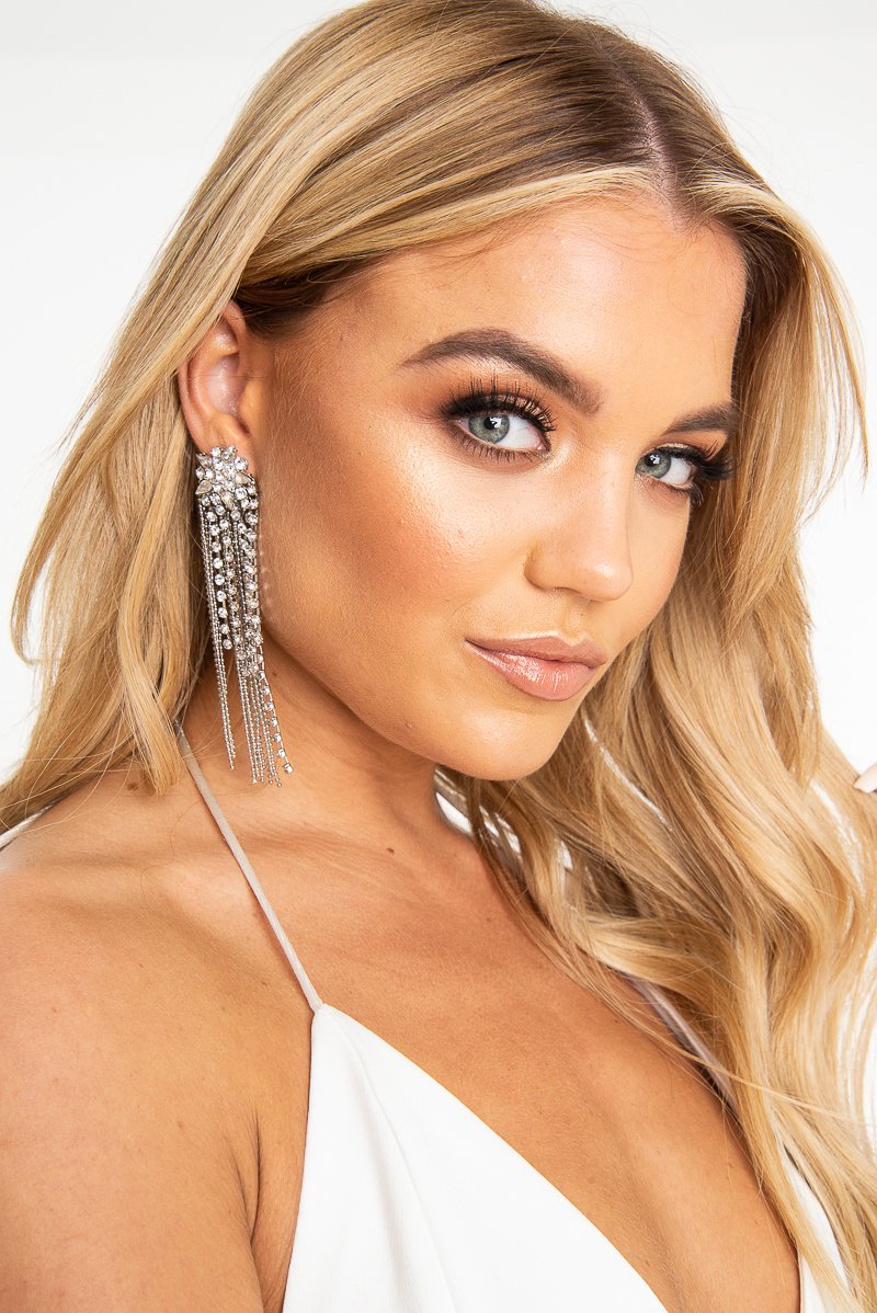 Silver Diamante Chain Detail Drop Earrings - Kristy-Jewellery