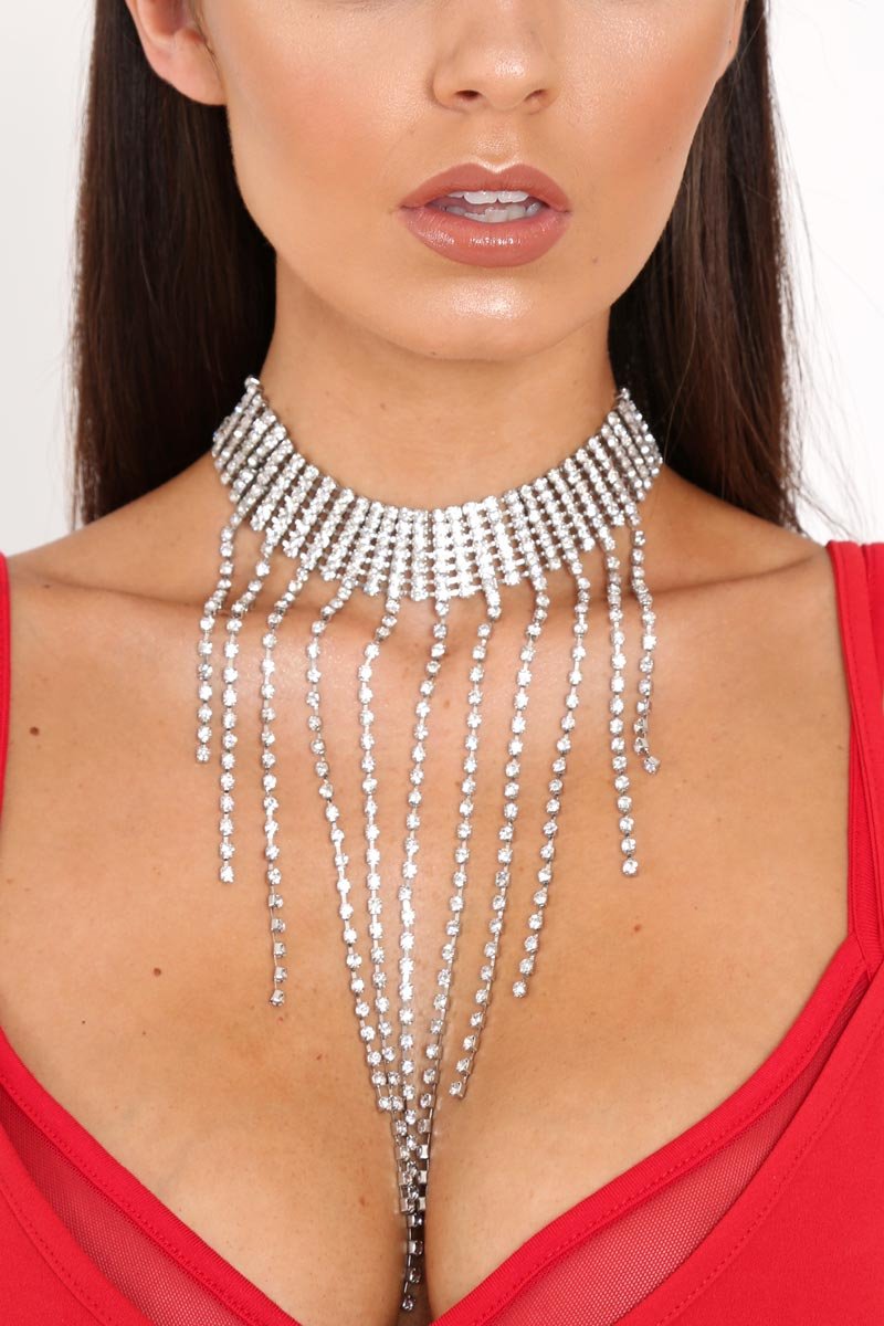 Silver Diamante Drop Choker Necklace - Madgie-Jewellery