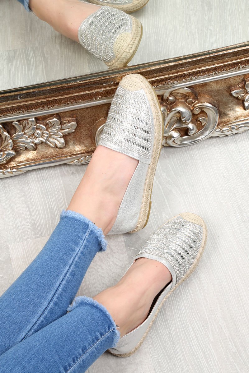 Silver Diamante Embellished Espadrilles - Mazie-Flats