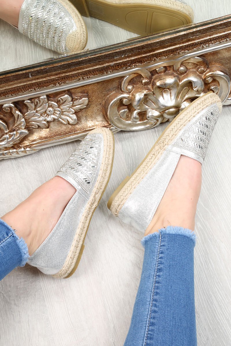 Silver Diamante Embellished Espadrilles - Mazie-Flats