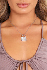 Silver Diamante Embellished Padlock Necklace - Stela-Jewellery