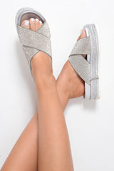 Silver Diamante Flatform Sliders - Clydie-Sliders