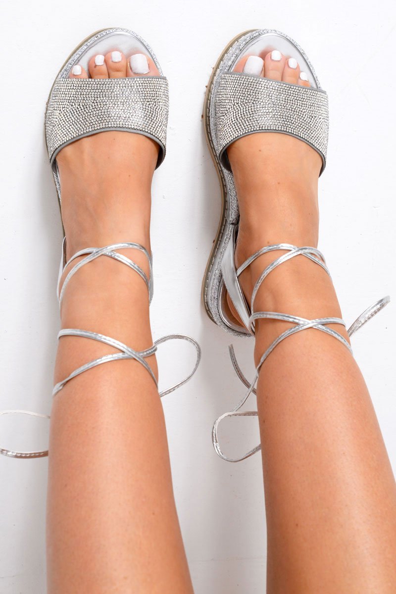 Silver Diamante Lace Up Flatform Sandals - Abryella-Sandals