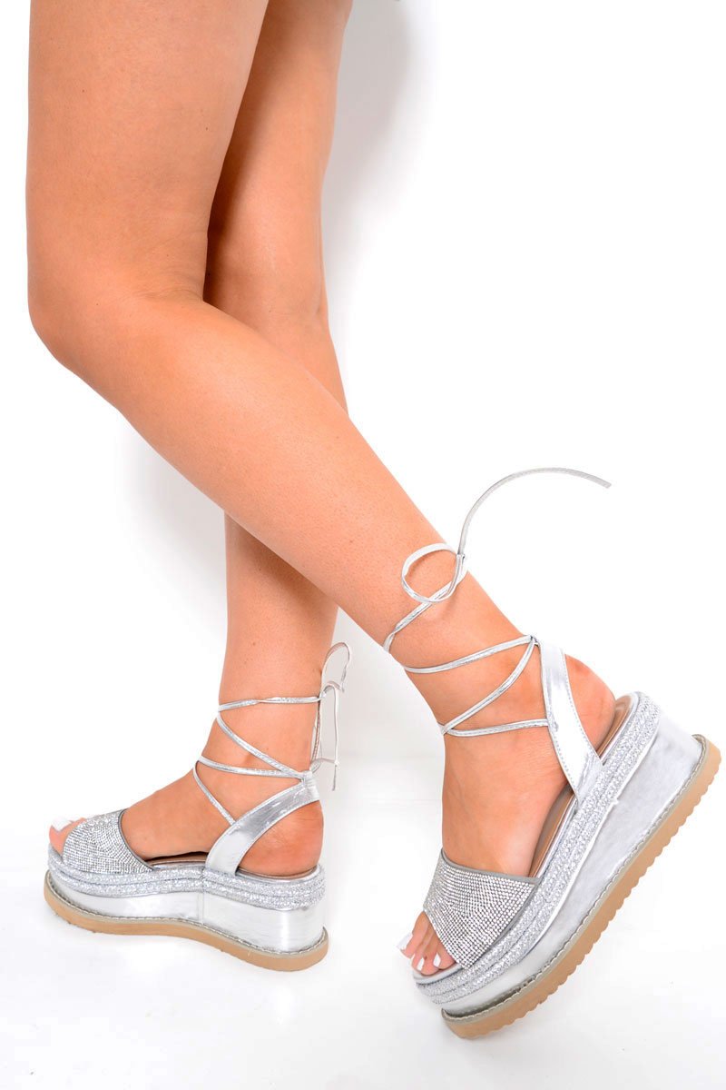 Silver Diamante Lace Up Flatform Sandals - Abryella-Sandals