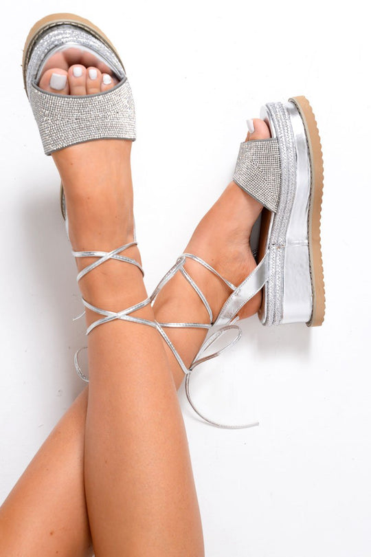 Silver Diamante Lace Up Flatform Sandals - Abryella