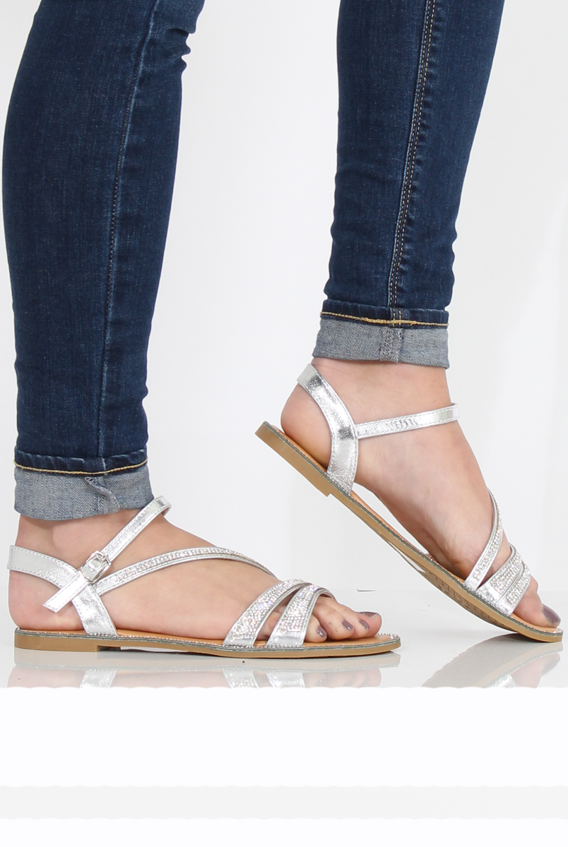 Silver Diamante Open Toe Sandals - Margret-Sandals