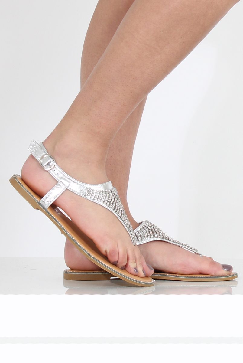 Silver Diamante Sling Black Sandals - Abbey-Sandals