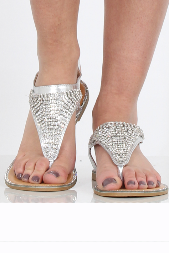 Silver Diamante Sling Black Sandals - Abbey
