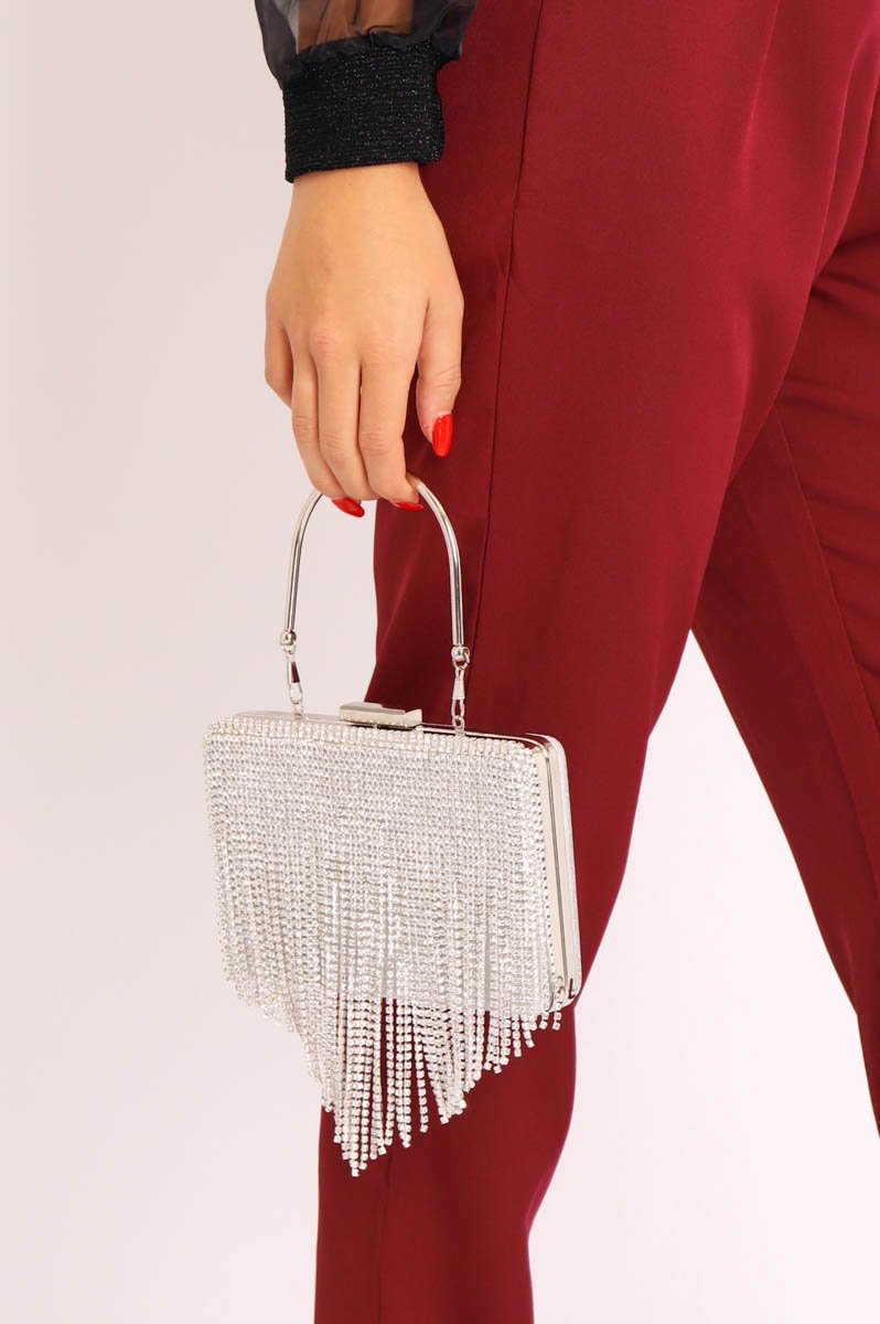 Silver Diamante Tassel Box Clutch - Geri-Bags