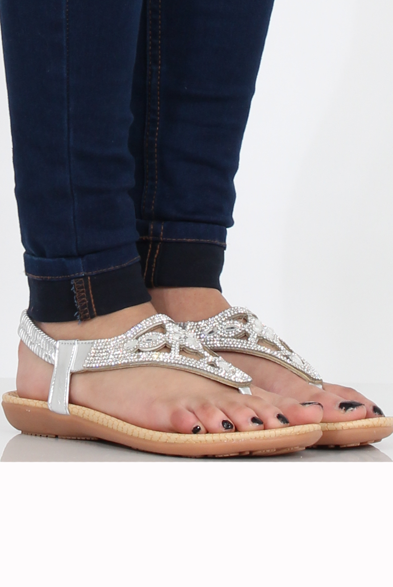 Silver Diamante and Jewelled Sandals- Taliya-Sandals