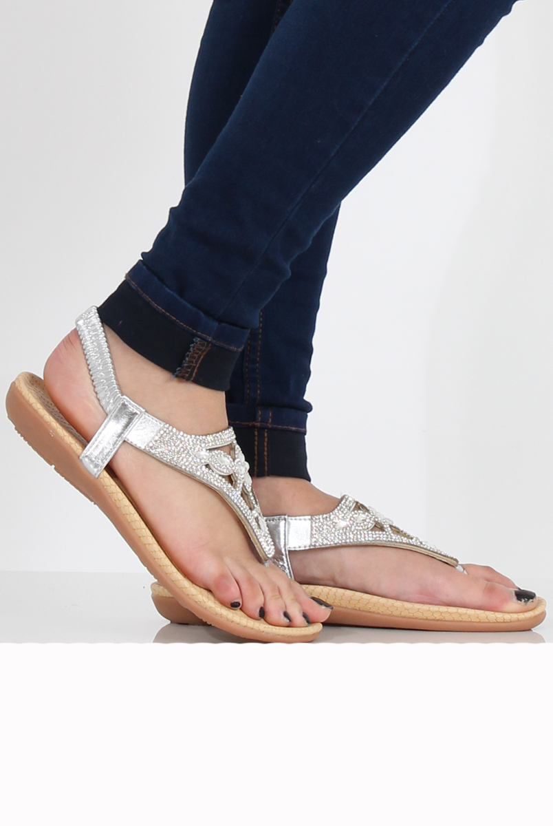 Silver Diamante and Jewelled Sandals- Taliya-Sandals
