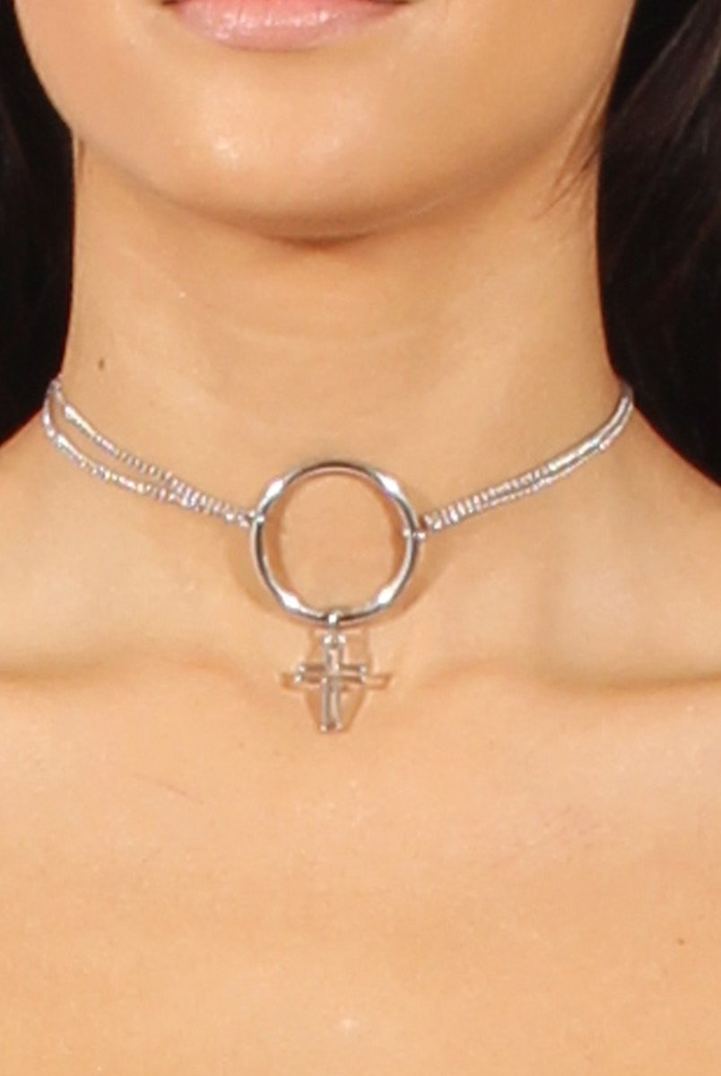 Silver Double Chain Circle Cross Choker - Eleni-Accessories