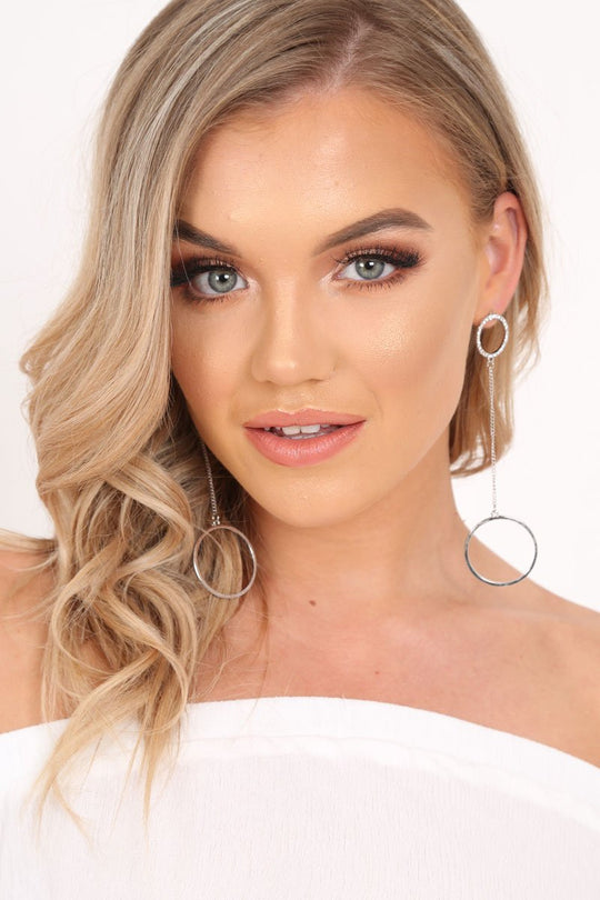 Silver Double Circle Diamante Drop Earrings - Paralee