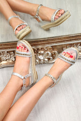 Silver Espadrille Wedge Sandals - Valentina-Sandals