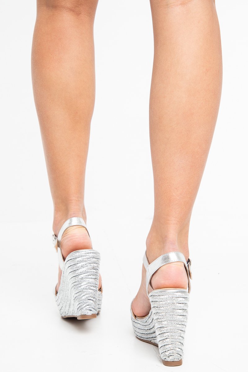 Silver Faux Leather Woven Detail Wedges - Jasey-Wedges