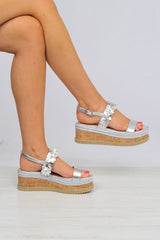 Silver Flower Flatform Ankle Strap Sandals - Rylen-Sandals