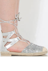 Silver Glitter Lace Up Espadrilles - Sahara-Shoes