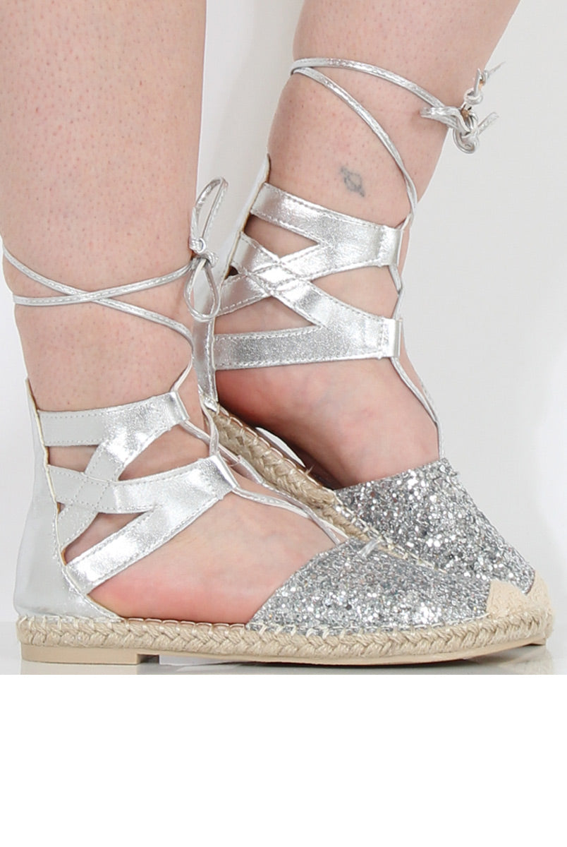 Silver Glitter Lace Up Espadrilles - Sahara-Shoes