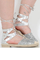 Silver Glitter Lace Up Espadrilles - Sahara-Shoes