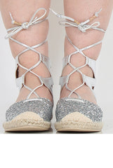 Silver Glitter Lace Up Espadrilles - Sahara-Shoes
