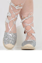 Silver Glitter Lace Up Espadrilles - Sahara-Shoes