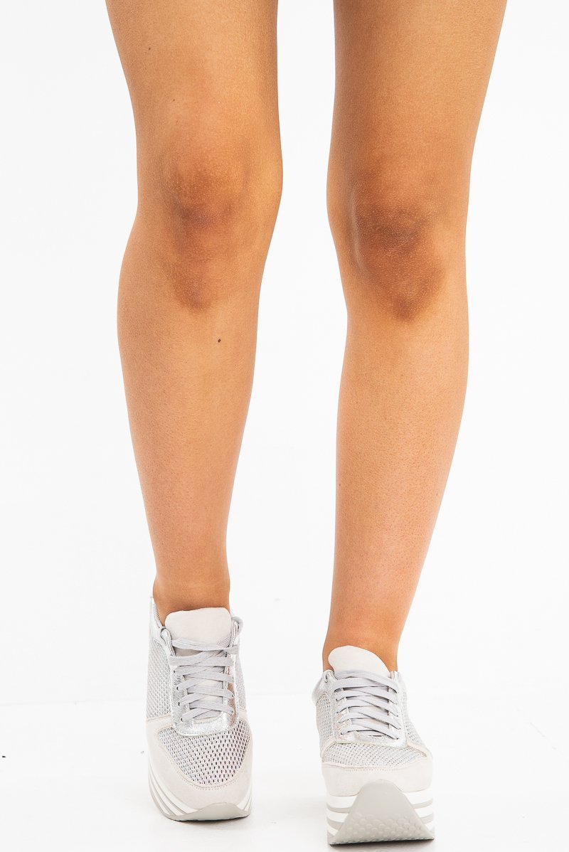 Silver Glitter Mesh Lace Up Platform Trainers - Hennie-Trainers