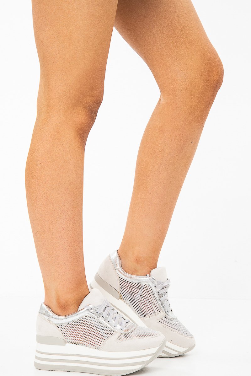 Silver Glitter Mesh Lace Up Platform Trainers - Hennie-Trainers