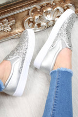 Silver Glitter Slip On Trainers - Maddie-Trainers